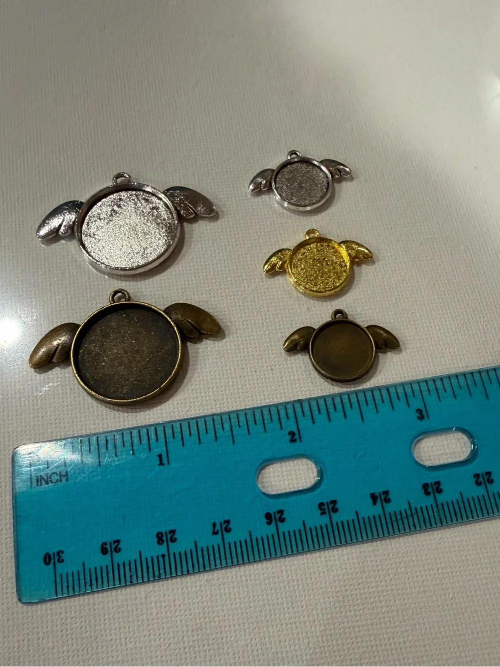 Winged Round Pendant Tray Charm - Silver, Gold, Bronze
